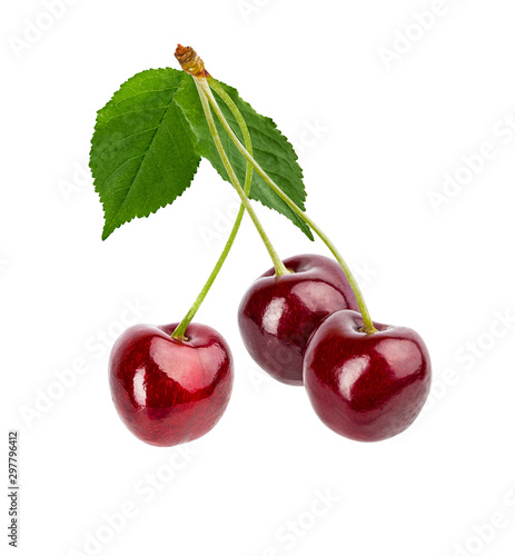 Cherryes with leaf isolated on white background with clipping path