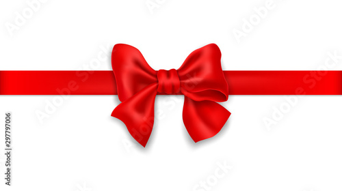Decorative red bow with horizontal red ribbon. Vector illustration.