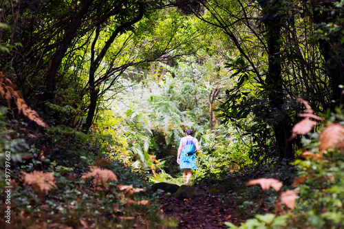 brave woman trekking walking in Madeira island levadas and routes , focus in foreground