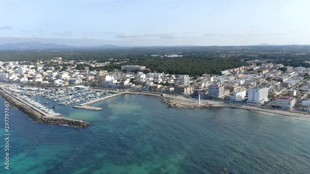Aerial views, flight at Can Picafort, bay and harbor, Mallorca, Balearic Islands, Spain Aerial views, flight at Can Picafort, bay and harbor, Mallorca, Balearic Islands, Spain