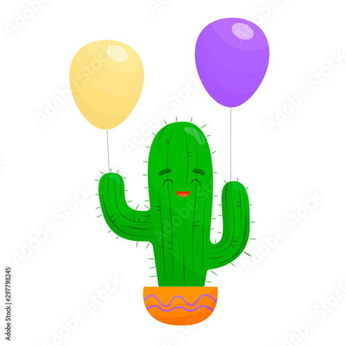 Cute Happy Cactus with balloons vector illustration. Love and friendship emotion compatibility. On white background