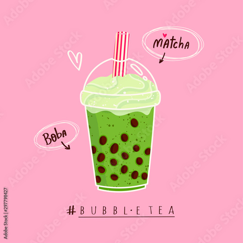 Matcha Bubble tea. Milk tea with tapioca pearls. Boba tea. Asian Taiwanese drink. Hand drawn colored trendy vector illustration with text. Cartoon style. Flat design. Beverage recipe