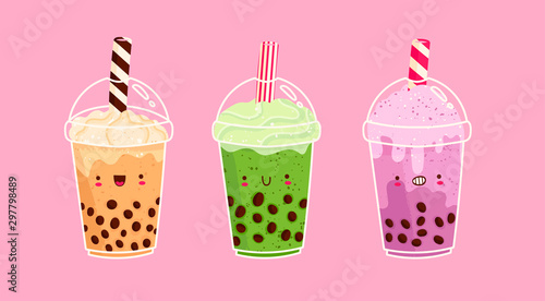 Set of kawaii Bubble tea. Milk tea with tapioca pearls. Boba tea. Asian Taiwanese drink. Hand drawn colored trendy vector illustration. Cartoon style. Flat design. All elements are isolated