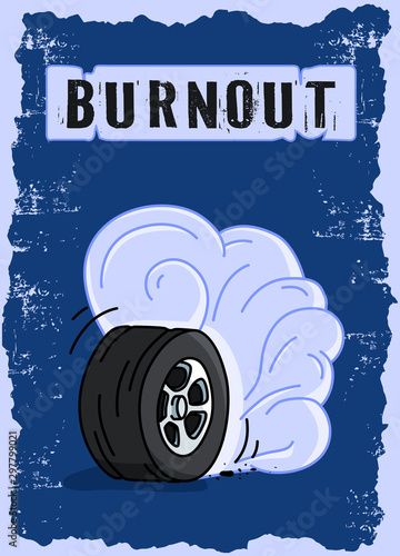 Isolated burnout wheel on a blue background. smoke wheel hand drawn illustration