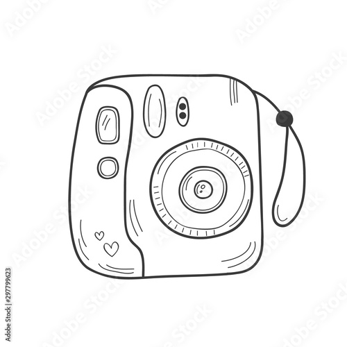 Retro instant camera drawing. Cute white mini photo camera doodle, vector illustration