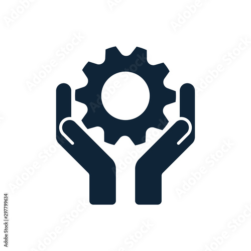 Hands with cog wheel or gear icon.