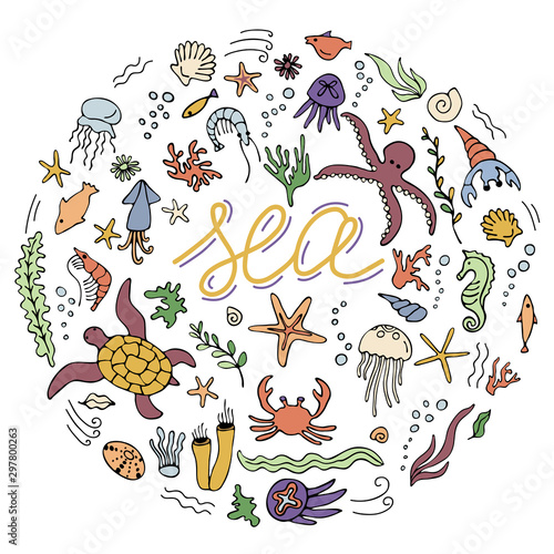 Set with hand drawn sea inhabitants elements. Vector doodle cartoon set of marine life objects for your design.