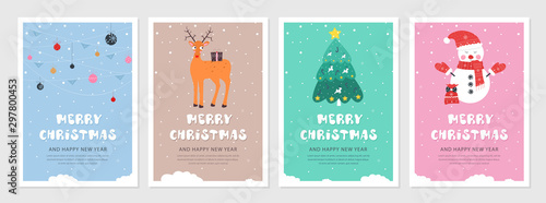 Set of Christmas and New year snow postcards. Flat holiday postcard template. Collection color postcards with deer, christmas tree, christmas decoration and snowman