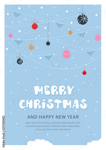 Christmas and New year snow postcard. Holiday postcard template. Holiday postcard with christmas toys