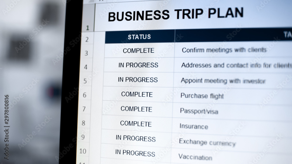 Business trip plan in online planer on computer, schedule details, preparation Business trip plan in online planer on computer, schedule details, preparation