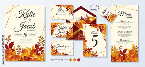  Wedding Invitation, menu, rsvp, label, table number, envelope. Leaves design autumn foliage collection oak, maple, chestnut and ash. Decorative frame print. Vector rustic greeting, invite postcard.