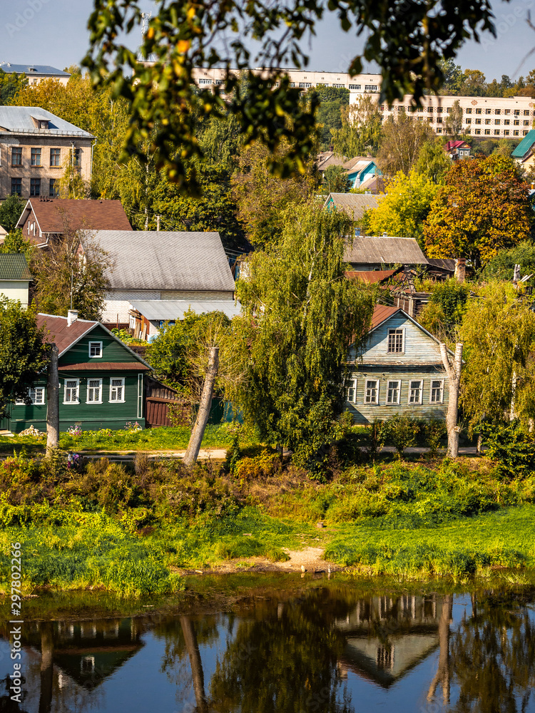 Obraz premium The city of Torzhok. Panorama of Torzhok. Tver region. Tvertsa River.