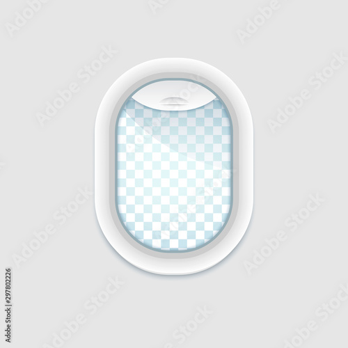 Airplane window inside view. Vector porthole mock up with transparent glass. Aircraft window template isolated