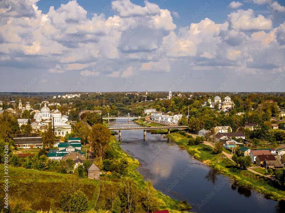 The city of Torzhok. Panorama of Torzhok. Tver region. Tvertsa River.