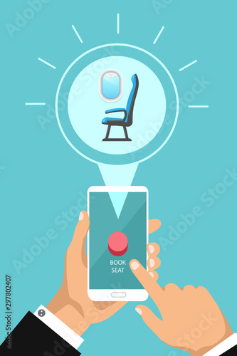 Book airplane seat online by app. Vector hand holding phone and push a button. Buying airline cabin seat by phone. Travel web banner in a trendy style. Technology concept.