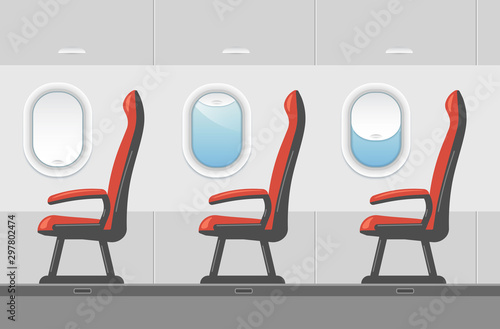 Vector airplane interior illustration in a trendy style. Aircraft passenger red seat near window or aisle. Plane cabin with portholes. Business Class template.