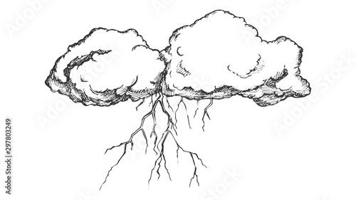 Storm Cloud With Flash Lightning Monochrome Vector. Sky Element Cloud. Cloudscape And Weather Meteorology Engraving Concept Template Hand Drawn In Vintage Style Black And White Illustration