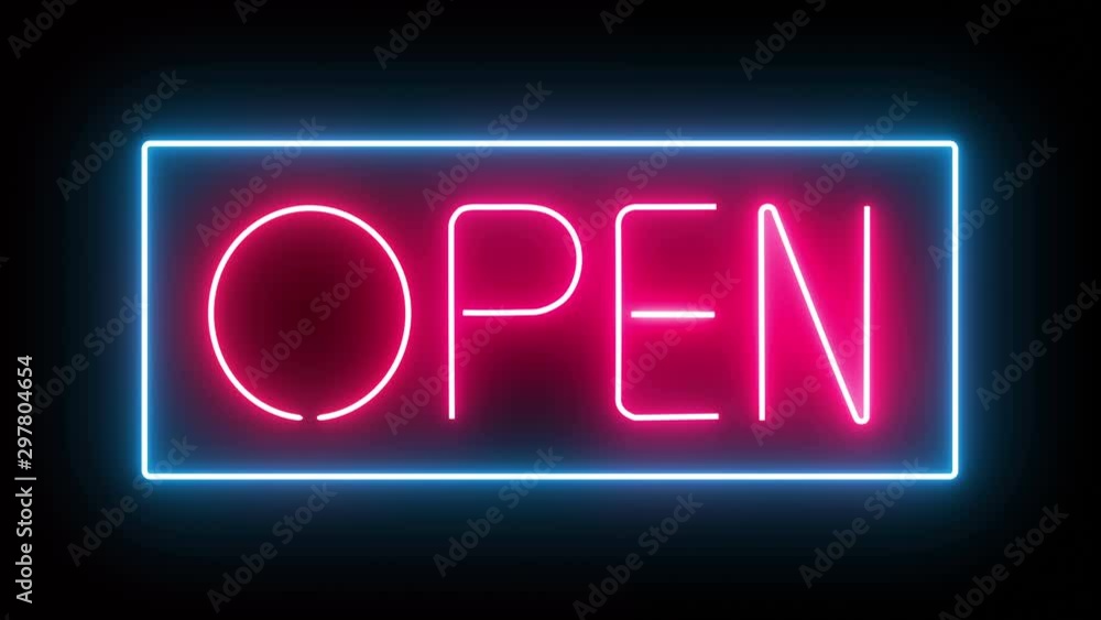 A Illuminated Neon Open Sign Animated On A Black Background. Seamless Loop A Illuminated Neon Open Sign Animated On A Black Background. Seamless Loop