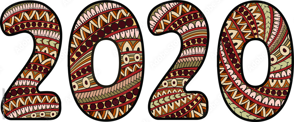 Colorful doodle patterned number 2020 tangled mandalas and words Happy New Year. Vector illustration handwritten font 2020 for decorate calendar, banner, poster, invitation, new year card Colorful doodle patterned number 2020 tangled mandalas and words Happy New Year. Vector illustration handwritten font 2020 for decorate calendar, banner, poster, invitation, new year card