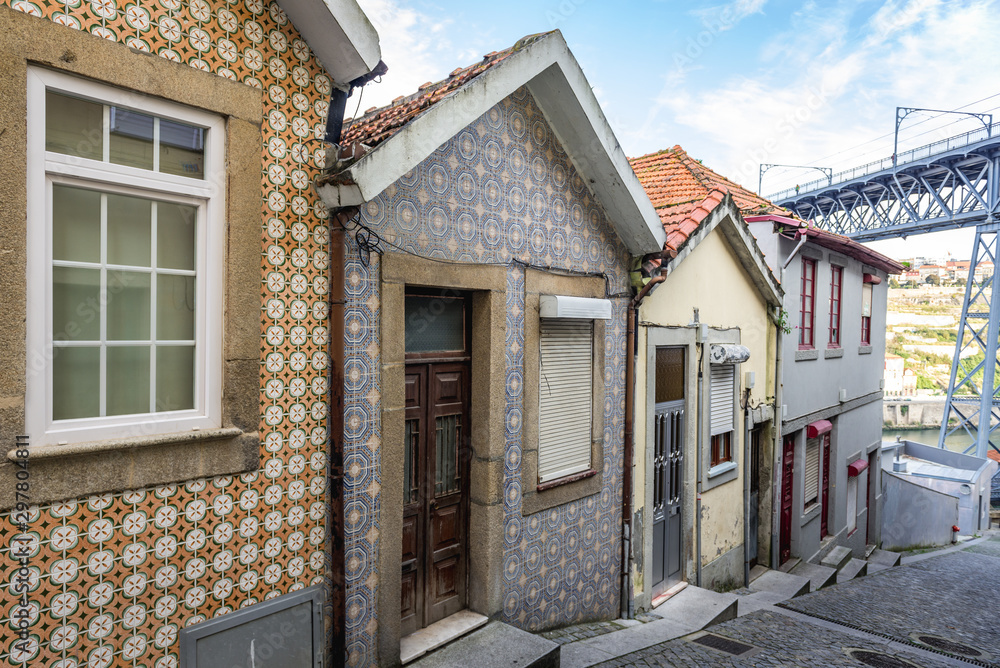 Row of tiled houses in Vila Nova de Gaia city, Portugal
