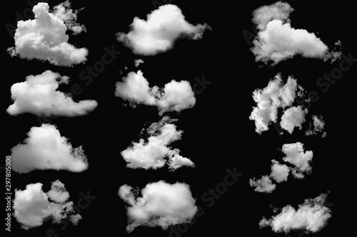 Collection group of white clouds on isolated elements black background.