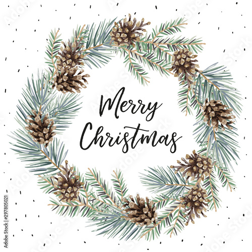 Xmas wreath with text Merry Christmas, white background. Green pine, fir twigs, cones. Vector illustration. Nature design. Greeting card, poster template. Winter holidays