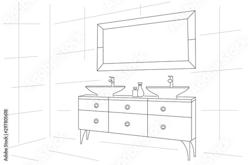 Bathroom interior in lines. Vector bathroom in lines for banner. The basis for design