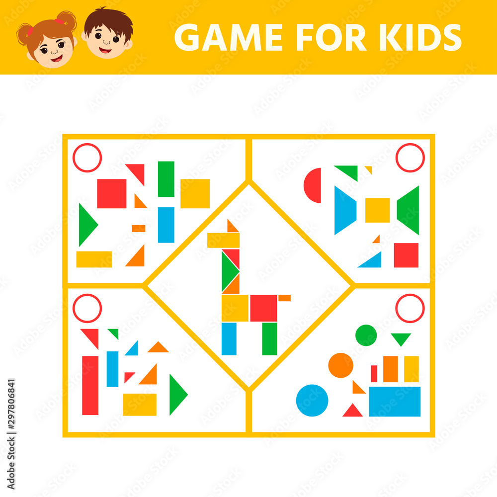Education logic game for preschool kids. Connect the details and animals of geometric shapes.  Preschool worksheet activity. Children funny riddle entertainment. Vector illustration