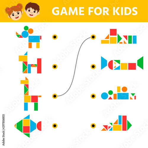 Education logic game for preschool kids. Connect the details and animals of geometric shapes.  Preschool worksheet activity. Children funny riddle entertainment. Vector illustration