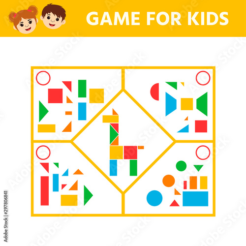 Education logic game for preschool kids. Connect the details and animals of geometric shapes.  Preschool worksheet activity. Children funny riddle entertainment. Vector illustration