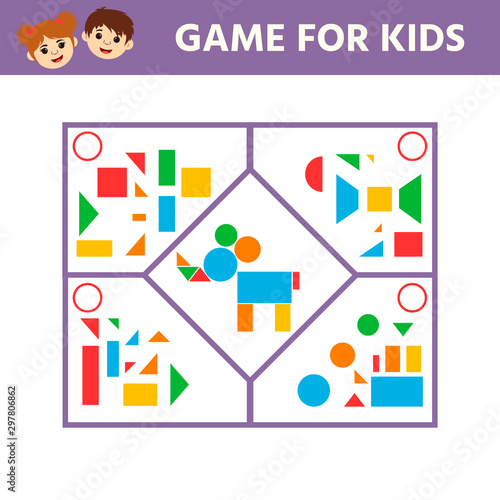 Education logic game for preschool kids. Connect the details and animals of geometric shapes.  Preschool worksheet activity. Children funny riddle entertainment. Vector illustration