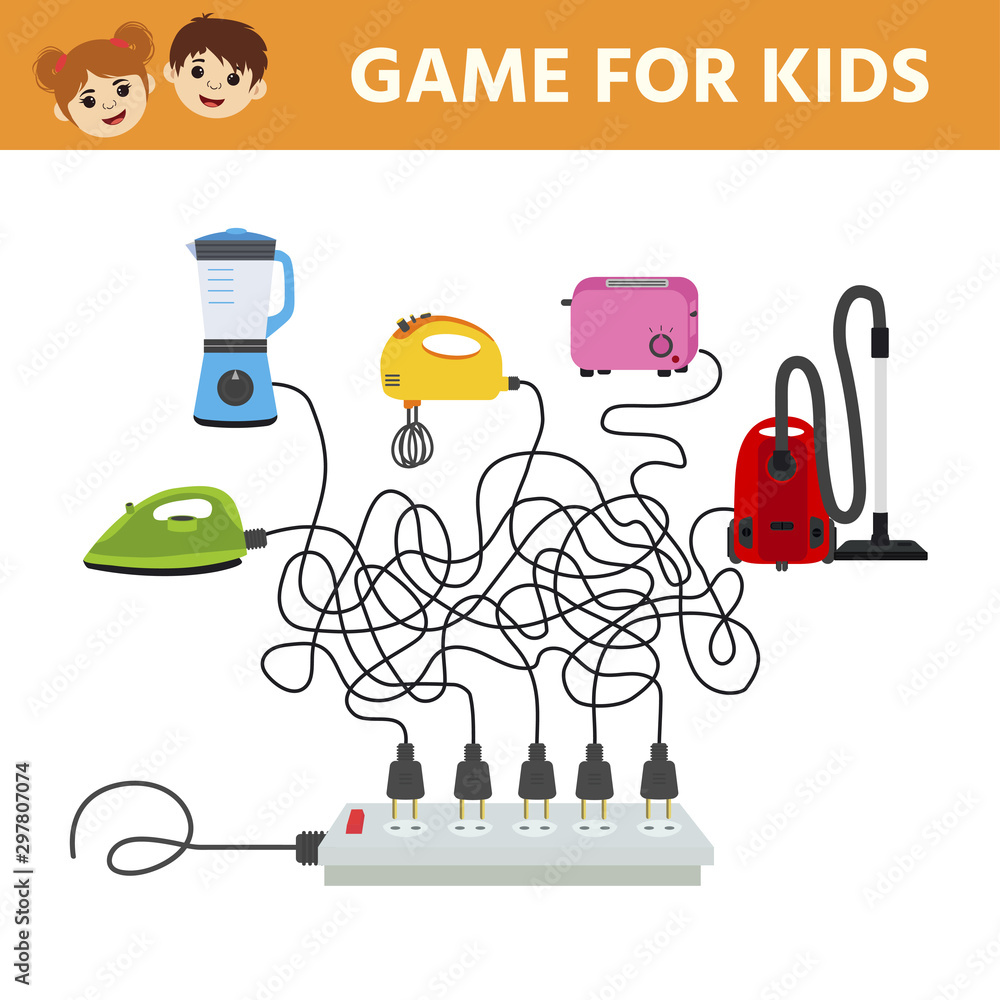 Education game for preschool children. find which outlet includes a toaster, iron, blender