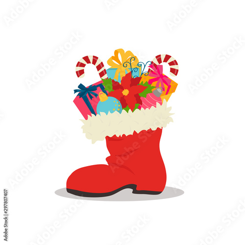 Gifts, Christmas balls and poinsetia in New Year's boot. Vector illustration for Holiday greeting cards, banners, tags and labels. New Year's and Christmas.