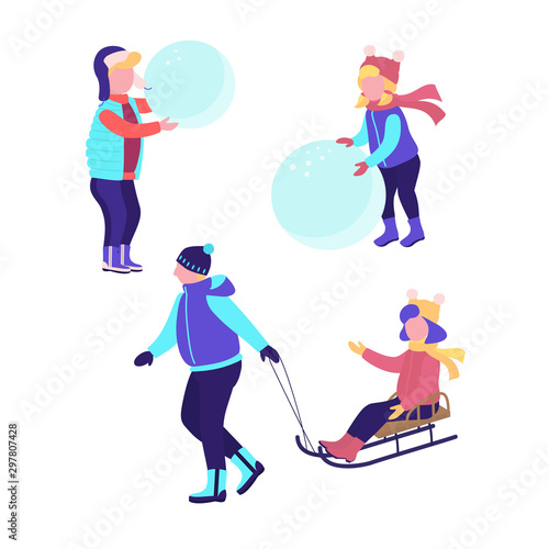 Winter people set isolated wite background. A man sledding  a girl on a sleigh, utdoor snow games, boy and girl making snowman.
