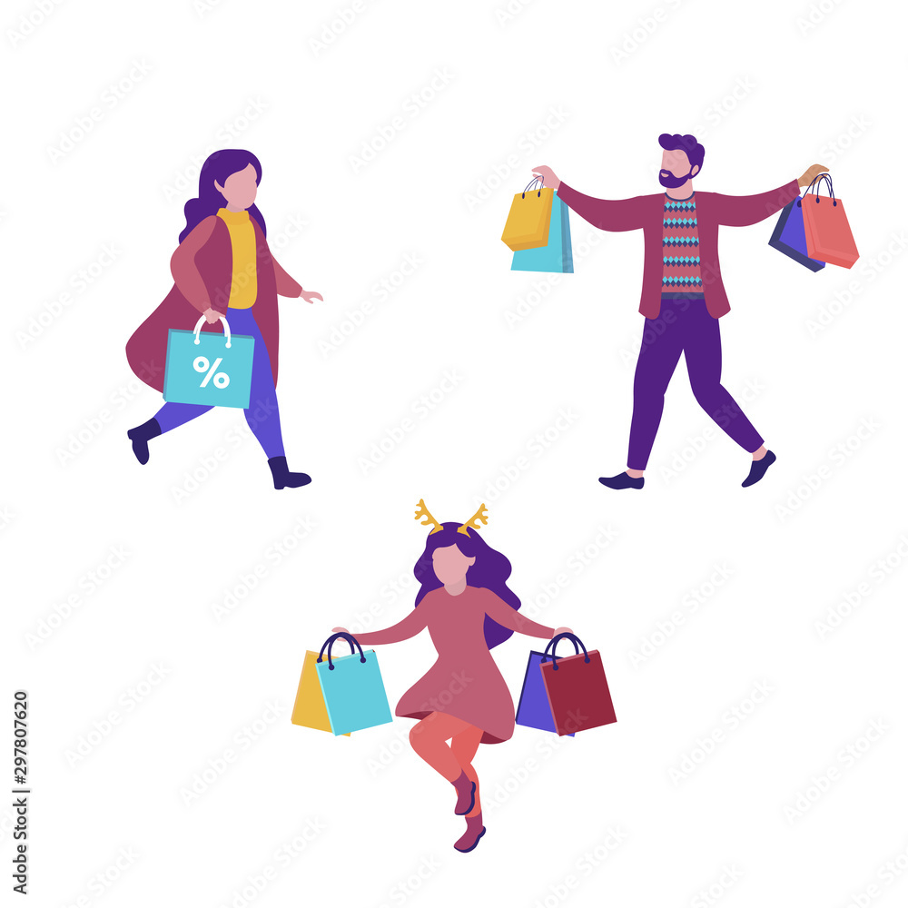 Womans and man set with Christmas gift bags and presents box. Winter time. Christmas design template for greeting card, poster, banner Womans and man set with Christmas gift bags and presents box. Winter time. Christmas design template for greeting card, poster, banner
