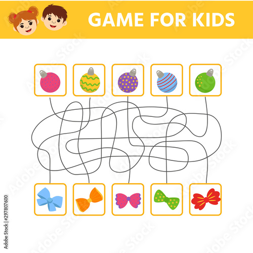 Educational game for kids. Maze. Learning  for preschool childre. Cartoon christmas balls and bows. Printable worksheet. Vector Illustration