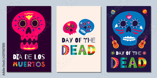 Mexican Day of the Dead Dia de Los Muertos banners. National festival greeting cards with hand drawn lettering flowers skulls on dark and white background. Vector illustration poster set