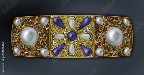 3D render Vintage golden bracelet with jems and pearls digitally generated photo