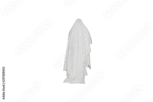 Ghost outdoors isolated on white background. Halloween costume idea. Horror film concept. Scary things. Autumn feasts of all Saints Eve.