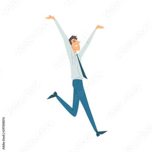 Man in office clothes joyfully runs hands open cartoon vector illustration