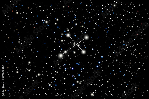 Vector illustration of the constellation Crux (Southern Cross) on a starry black sky background. The astronomical cluster of stars in the Southern Celestial Hemisphere