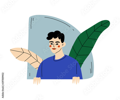 Guy looks out, and behind him leaves cartoon vector illustration