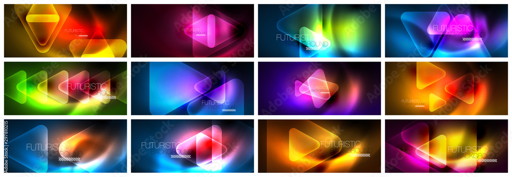 Set of shiny abstract glowing neon geometric backgrounds with abstract glass trasparent triangles. Technology futuristic or business design templates with copyspace