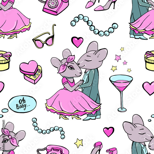 Retro Pinup Seamless Wallpaper. Love pattern with stars, gifts, pearl and martini.