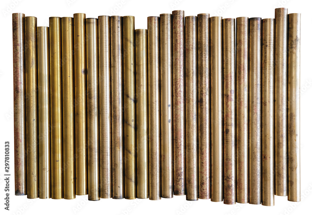 Set of brass pipes on white background Set of brass pipes on white background