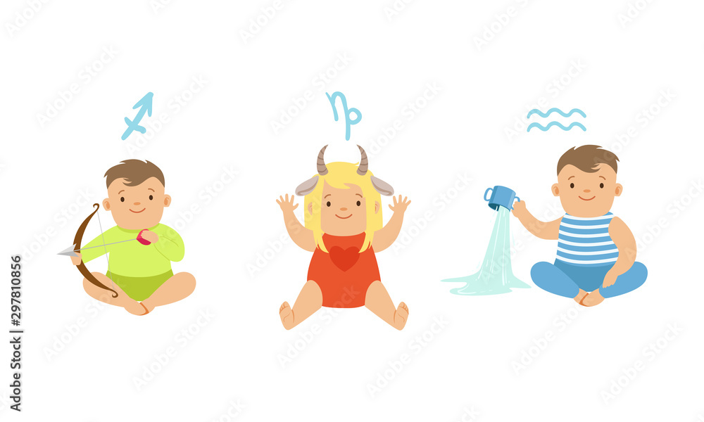 Cute Little Kids Wearing as Zodiac Signs Set, Sagittarius, Capricorn, Aquarius Vector Illustration Cute Little Kids Wearing as Zodiac Signs Set, Sagittarius, Capricorn, Aquarius Vector Illustration