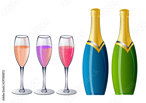 A set of glasses for champagne and a set of bottles with a New Year's drink.