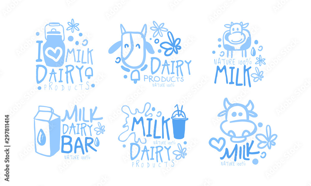 Natural Milk Dairy Products Logo Set, Milk Bar Hand Drawn Labels Vector Illustration