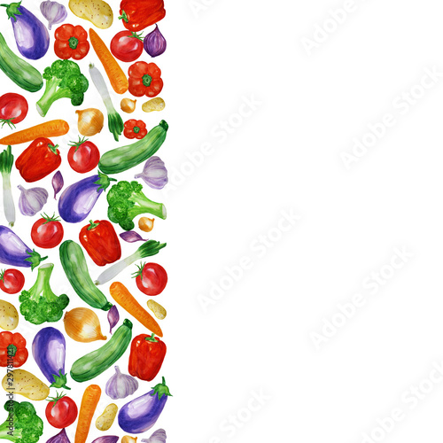 Watercolor vegetables background with tomato  onion  paprika  aubergine and others.