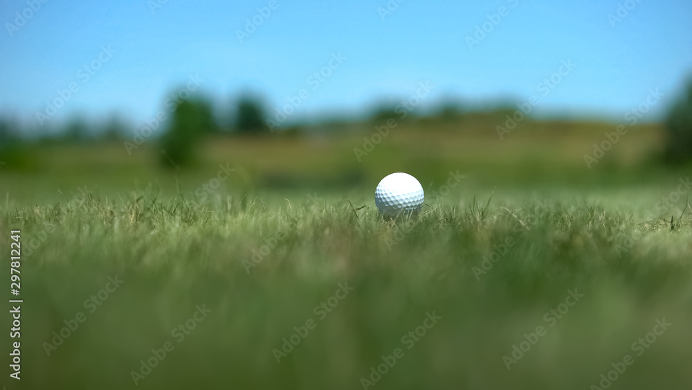 Professional golf ball on tee at course, professional sport equipment, game Professional golf ball on tee at course, professional sport equipment, game